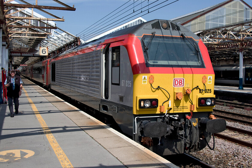 67025, 09.51 Holyhead-Crewe CS (5K67, 2L), Crewe station 
 This was a train that aroused considerable interest among the gathered enthusiasts at Crewe station. 67025 arrived southbound at platform six and sat there for some ten minutes or so with continued announcements over the station tannoys that the train was not in service and that passengers should not be joining it! It had just arrived with the 5K67 09.51 Holyhead to Crewe Carriage Sidings empty stock move that appeared to be some sort of staff training operation judging by the five TfW staff members crammed into the leading cab of the 67. 
 Keywords: 67025 09.51 Holyhead-Crewe CS 5K67 Crewe station