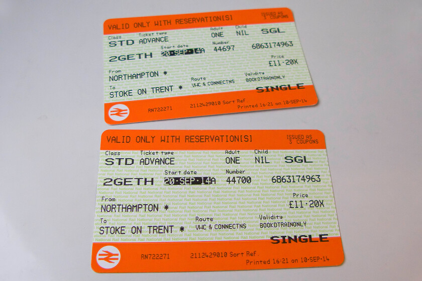 Tickets (outward singles), Northampton-Stoke-on-Trent via Milton Keynes 
 Fully expecting to drive our new Audi home from Stoke my wife and bought a couple of advanced singles from Northampton that, interestingly routed us via Milton Keynes. The fare (without our two together discount as our card had just expired) was an as to be expected 11.20. 
 Keywords: Tickets outward singles Northampton-Stoke-on-Trent via Milton Keynes