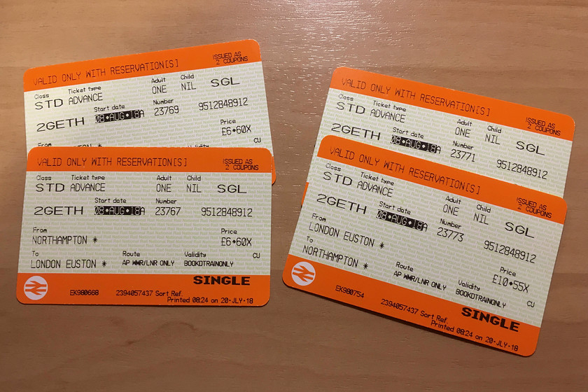 Tickets, Northampton-London Euston-Northampton 
 Our return tickets from Northampton to Euston. At 34 not the cheapest deal that we have had for this journey. Again, this emphasises how much the fares vary even when using exactly the same trains.