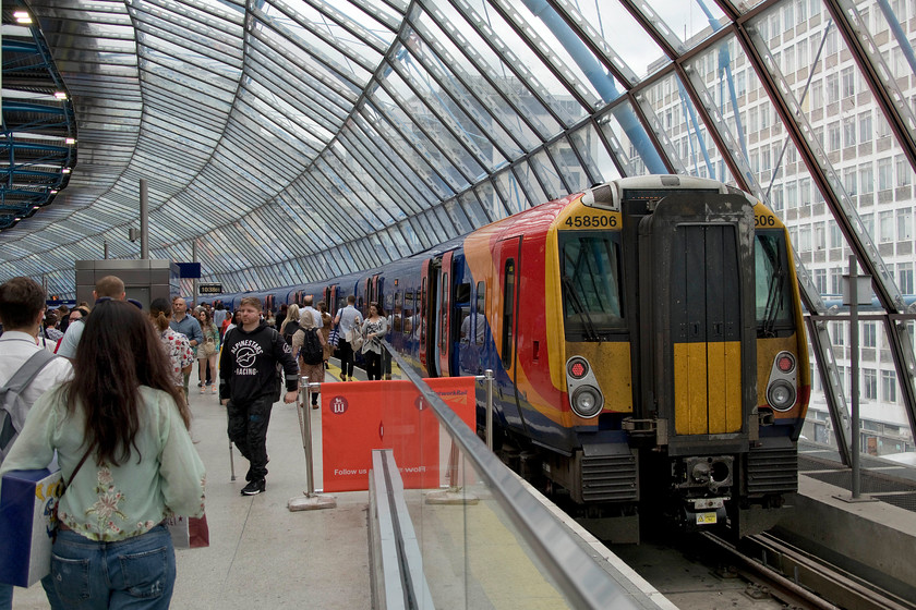 458506, SW 09.12 Reading-London Waterloo (2C24, 2L), London Waterloo station 
 I travelled on this service from Richmond, the 09.12 from Reading to the end of its journey here at Waterloo's platform twenty four. 458506 was very busy with me having to stand for the entire fifteen minutes and, as can be seen, here, passengers are already boarding for its return working before arriving passengers have even vacated the platform such is the intensive use that modern-day trains like this are subjected to. 
 Keywords: 458506 09.12 Reading-London Waterloo 2C24 London Waterloo station