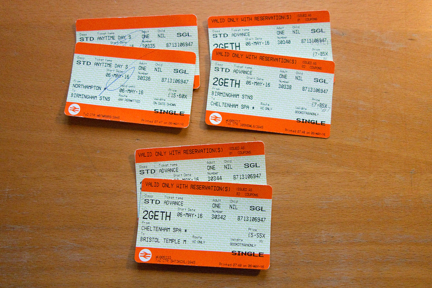 Tickets, Northampton-Bristol Temple Meads 
 Our split-tickets from Northampton to Bristol Temple Meads. Splitting the journey as shown here saved a tidy sum of money when compared to the through fare.