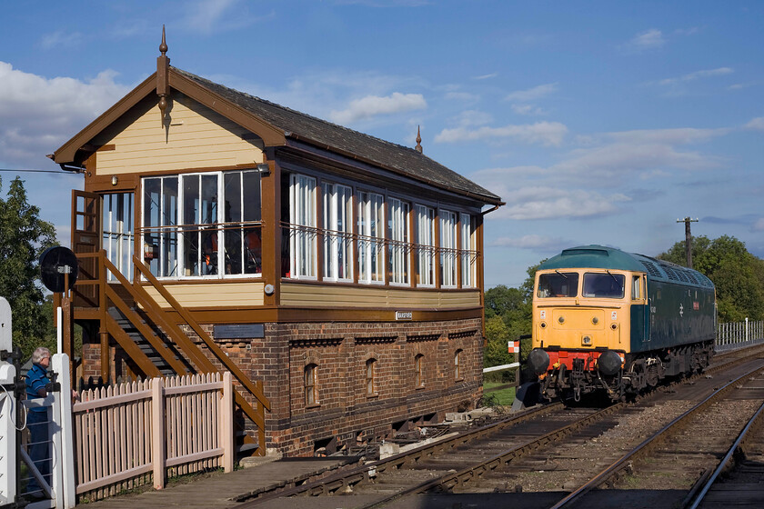 47401, running round, Wansford station 
 In lovely autumn sunshine 47401 'Great Eastern' runs round at Wansford reversing back into the station preparing to work its next diesel gala service. It is passing the superbly preserved signal box located at the eastern end of the station 
 Keywords: 47401 running round Wansford station North eastern