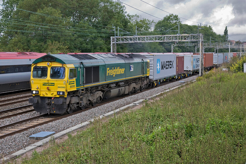 66593, 10.08 Lawley Street-Felixstowe North (4L93), Roade 
 As a Pendolino heads north 66593 '3MG Mersey Multimodal Gateway' leads the 10.08 Lawley Street to Felixstowe Freightliner past Roade. This location that I have been using for some years that does require the use of a ladder is very close to home, in fact, I can almost see it from the kitchen window. Unfortunately, in the next few months, it will become a spot of the past as the land I use to access is to become a large new building site that will morph into a housing estate. 
 Keywords: 66593 10.08 Lawley Street-Felixstowe North 4L93 Roade Freightliner 3MG Mersey Multimodal Gateway