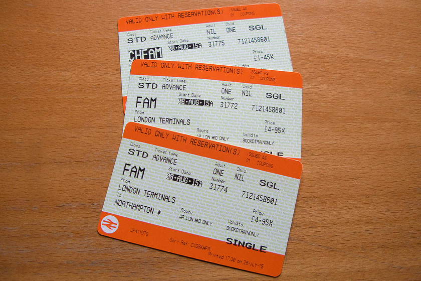 Tickets, London Euston-Northampton 
 Our return tickets from Euston to Northampton were exactly the same price as the outward ones; not bad value at 11.35 for all three of us. 
 Keywords: Tickets London Euston-Northampton