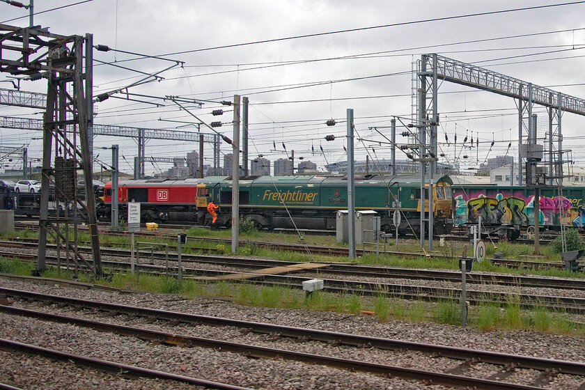 66124, 02.57 Toton Yard-Dollands Moor (6X11, 4E) & 66614, unidentified working, Wembley Yard 
 Unfortunately, despite my best efforts, I have been unable to identify the heavily graffitied freight being led by 66614 '1916 Poppy 2016' seen in Wembley Yard. However, the one headed by 66124 is much easier to identify as the 6X11 02.57 Toton Yard to Dollands Moor Toyota car train. 
 Keywords: 66124 02.57 Toton Yard-Dollands Moor 6X11 66614, unidentified working Wembley Yard 1916 Poppy 2016