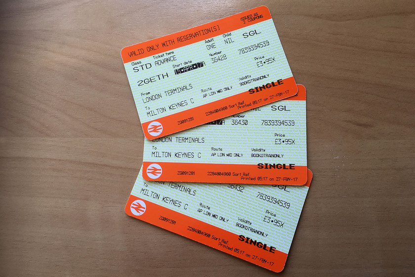 Tickets, London Euston-Milton Keynes Central 
 Our return tickets were good value at less than 12 for the three of us.