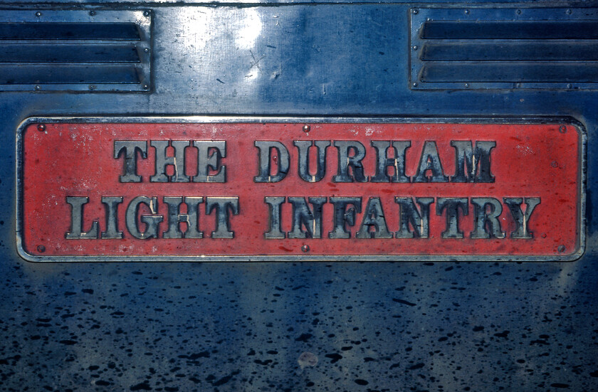 Nameplate, 55017, 12.34 Hull-London King's Cross (1A18), London King's Cross station 
 The nameplate of 55017 'The Durham Light Infantry' is seen whilst it stands on the blocks at King's Cross' platform one. This was one of my most favoured Deltics being the first one that I ever spotted back at York in 1977. 
 Keywords: The Durham Light Infantry