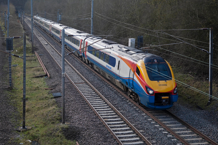 222006, EM 09.58 London St. Pancras-Sheffiled (1F21, RT), Park Road Bridge, Millbrook TL020390 
 Having just emerged from Ampthill Tunnel (just visible in the background) , 222006 'The Carbon Cutter' works the 09.58 London St. Pancras to Sheffield. 222006 was named by the then Minister for Transport, later to become Chancellor, Philip Hammond in 2011. 
 Keywords: 222006 1F21 Park Road Bridge Millbrook TL020390