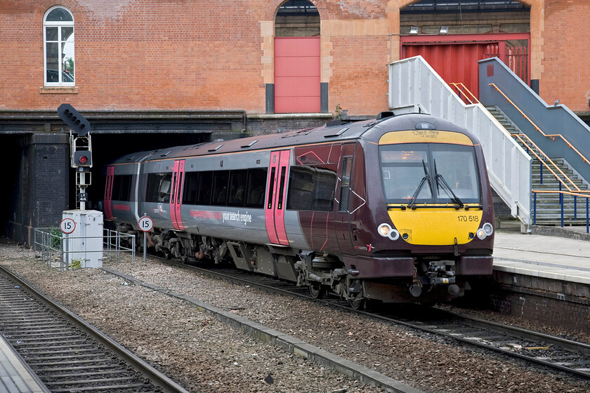 170518, XC 14.22 Birmingham New Street-Stansted Airport (1L44), Leicester station 
 The 14.22 Birmingham New Street to Stanstead Airport CrossCountry train arrives at Leicester station. The train was already full and standing when it arrived with many passengers waiting to board on the platforms that made for an uncomfortable travelling experience. I am not at all sure why TOCs, such as XC, can get away with providing such wholly inadequate trains on routes such as this but it just goes to reinforce what a broken model of privatisation that we have to endure on what is essentially a public service. 
 Keywords: 170518 14.22 Birmingham New Street-Stansted Airport 1L44 Leicester station CrossCountry XC