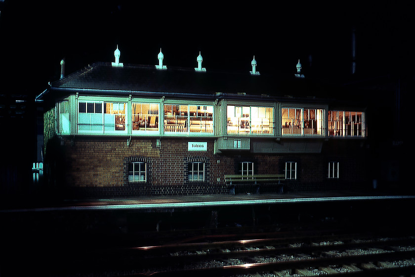 Totnes signal box (GW, 1923) 
 After dinner, Graham and I took a short drive to Totnes station. The impressive GW box dating from 1923 is seen on the up platform if a little blurred even when using Graham's tripod. Despite closure in 1987 the box still survives today and is now home to a busy and popular caf that Andy and I sampled on our 2017 tour of Devon and Cornwall, see..... https://www.ontheupfast.com/p/21936chg/24745323604/andy-43170-1c76-signal-box-cafe 
 Keywords: Totnes signal box GWR Great Western Railway