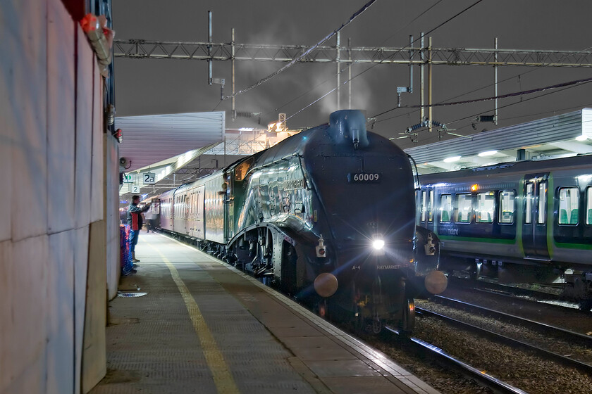 60009, return leg of The Cheshireman, 17.01 Chester-London Euston (1Z92), Northampton station 
 The returning Cheshireman charter was scheduled to stop at Northampton's platform one. However, due to conflicting movements and a late-running London Midland service, it was moved to platform two as shown here. Unfortunately, this made for an awkward position to photograph it tight up against the new footbridge. 60009 'Union of South Africa' waits whilst passengers disembark having enjoyed a steam-hauled return trip to Chester whilst a young admirer who has cabbed the A4 has his picture taken by his father in time-honoured tradition! 
 Keywords: 60009 The Cheshireman 17.01 Chester-London Euston 1Z92 Northampton station Union of South Africa A4 Pacific