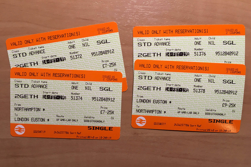 Tickets, Northampton-London Euston-Northampton 
 Our return tickets from Northampton to Euston. 33 return for the both of us is about par for the course with the days of this trip being undertaken for under 30 being a thing of the past. 
 Keywords: Tickets Northampton-London Euston-Northampton