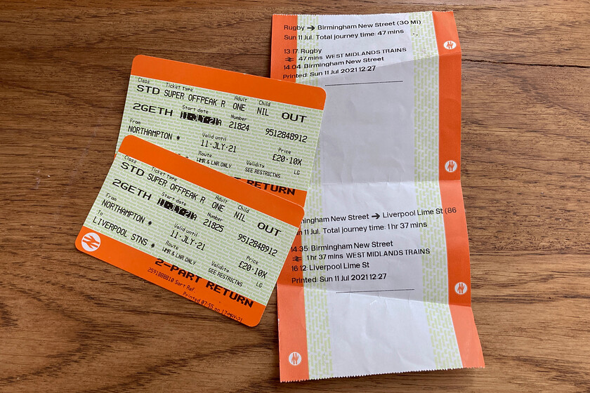 Tickets, Northampton-Liverpool Lime Street 
 Our tickets from Northampton to Liverpool are shown along with the revised journey ticket issued to us at Rugby. This followed a debacle created by London Northwestern completely of its own making through a total lack of communication! 
 Keywords: Tickets Northampton-Liverpool Lime Street