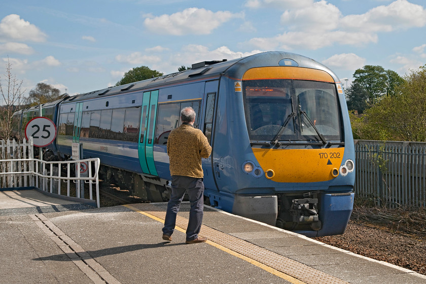 170202, GE 10.20 Ipswich-Cambridge (2W10, RT), Newmarket station 
 Andy watches 170202 glide into Newmarket station forming the 2W10 10.20 Ipswich to Cambridge service. Given that Newmarket is an important equine centre and that it is visited by thousands of race-goers every year, we were somewhat surprised at the poor facilities and the size of Newmarket station. To encourage more people to visit by using the train, much more needs to be done to the station. If it was on the continent, I feel this would be a very different state of affairs. 
 Keywords: 170202 2W10 Newmarket station