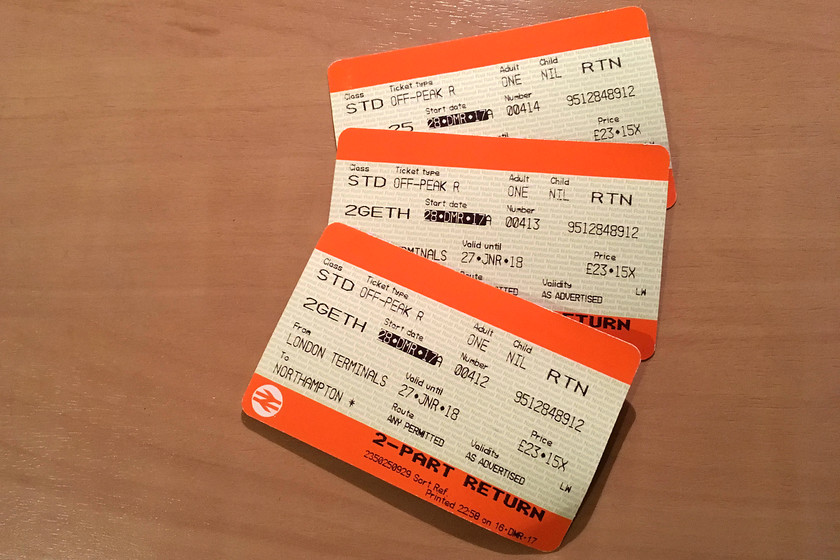 Tickets, London Euston-Northampton 
 Our return tickets from Northampton to Euston, I cannot help feeling this was a little pricey but it was a busy time so I presume prices rise in-line with demand? 
 Keywords: Tickets London Euston-Northampton