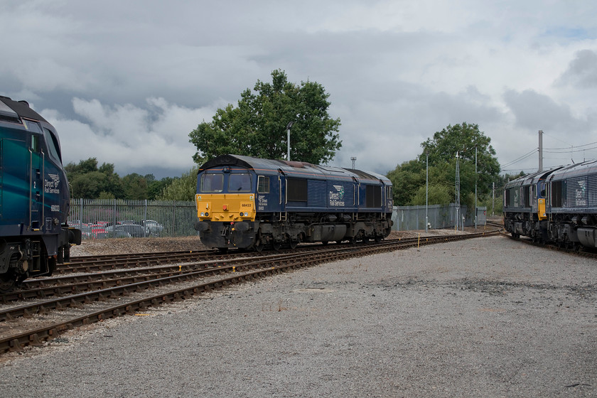 68033, 66433, 66 & 66427, on-display, DRS open day, Kingmoor 
 Access was denied to this part of the DRS Kingmoor facility but fellow visitors with binoculars were able to get the numbers of the two 66s to the right. Just is shot to the left is 68033 with 66433 taking centre stage. To the right are 66423 and 66427. With the rest of the country bathed in warm summer sunshine, the northwest had to contend with cloud and a few sunny intervals! 
 Keywords: 68033 66433 66??? 66427 on-display DRS open day Kingmoor