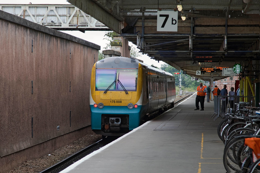 175008, AW 10.30 Manchester Piccadilly-Milford Haven (1Y39), Shrewsbury station 
 ATW's 175008 pauses at Shrewsbury working the 10.30 Manchester Piccadilly to Milford Haven. The question is, what would the station announcer call, platform seven A or seven B? 
 Keywords: 175008 10.30 Manchester Piccadilly-Milford Haven 1Y39 Shrewsbury station