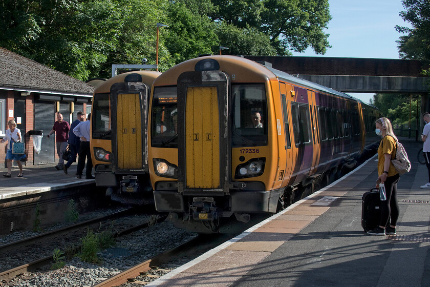 172336, LN 16.39 Hereford-Birmingham New Street (1M92, 9L), Droitwich Spa station 
 Eager to get back to central Birmingham in order to head back home towards Northampton Andy and I decided to sit it out and wait for a train direct to New Street rather than via the heavily delayed Stourbridge and Kidderminster route. Arriving a little late the 16.39 Hereford to Birmingham New Street 1M92 service enters at Droitwich station. We took this train back to Birmingham with relative ease arriving just nine minutes late. These units are quiet and comfortable with plenty of space. This one also made ridiculously easy work of Lickey from a standing start at Bromsgrove.

Journey score 7/10 
 Keywords: 172336 16.39 Hereford-Birmingham New Street 1M92 Droitwich Spa station West Midlands Railway