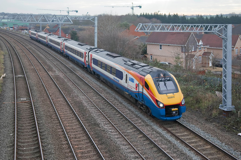 222011, EM 12.02 London St. Pancras-Sheffield (1F30, 3L), Headlands bridge 
 222011 'Sheffield City Battalion 1914-1918' passes under Headlands bridge in kettering with the 12.02 London St. Pancras to Sheffield. This Meridian was named on 11th November 2014 in honour of the Sheffield City Battalion by a representative of the Royal British legion, hence the large poppy just back from the driver's door. 
 Keywords: 222011 12.02 London St. Pancras-Sheffield 1F30 Headlands bridge