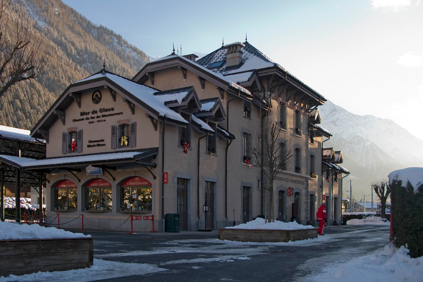 Frontage, Chamonix Montenvers Mer De Glace station 
 I am not sure what the rooms in the impressive station at the lower terminus of the Mer De Glace railway at Chamonix are used for? The building does seem a little over-sized for railway use but it is an impressive station nonetheless. The building will date from circa 1909 when the mountain railway was opened. 
 Keywords: Frontage Chamonix Montenvers Mer De Glace station