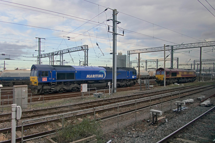 66142 & 66063, stabled, Wembley yard 
 Freight operator Maritime Transport now have seven dedicated class 66s that lead their Freightliner trains up and down the country. Whilst they are owned and operated by Deutsche Bahn the branding and identity are very clear and they certainly strike a pose out on the network! All are named with proper cast plates applied to the side of the locomotives. Between work in Wembley yard, 66142 'Maritime Intermodal Three' stands just in front of 66063 that is in the livery that we have become so accustomed to over the last twenty years or so. 
 Keywords: 66142 66063 Wembley yard