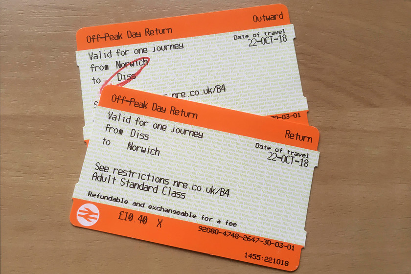 Tickets, Norwich-Diss-Norwich 
 My return tickets from Norwich to Diss. Not the cheapest journey on the network but it was walk-on. 
 Keywords: Tickets Norwich-Diss-Norwich