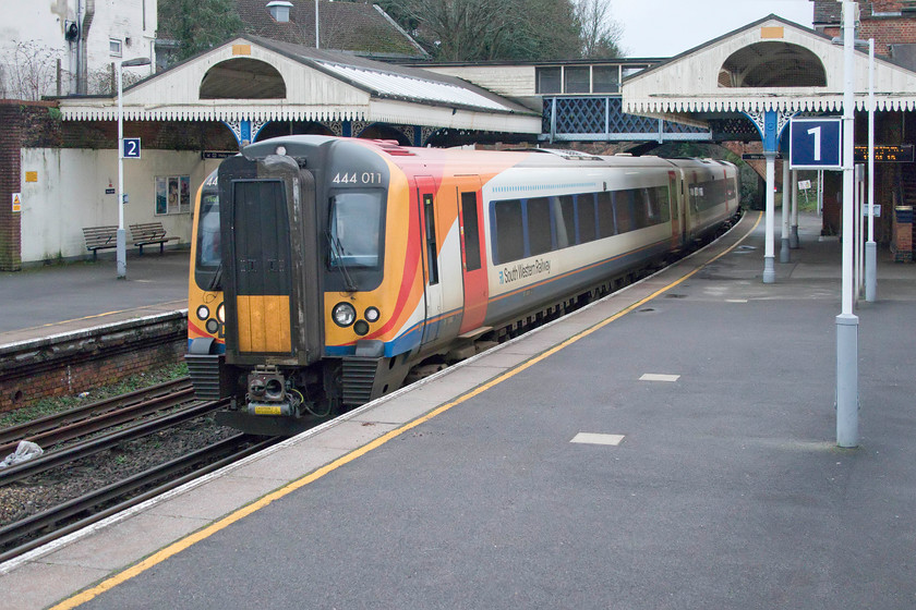 444011, SW 13.03 Weymouth-Bournemouth ECS (5W20, 2L), Branksome station 
 444011 passes through Branksome station working the 13.03 Weymouth to Bournemouth empty coaching stock move. Branksome station was opened by the London and South Western Railway in 1893. Today it enjoys a regualr service including direct trains to and from London Waterloo. 
 Keywords: 444011 13.03 Weymouth-Bournemouth ECS 5W20 Branksome station South West Trains SWR