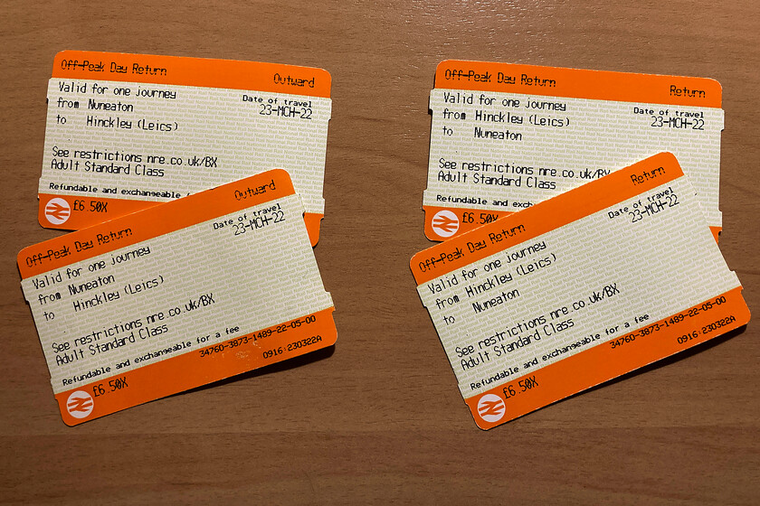 Tickets, Nuneaton-Hinkley 
 To enable an 09.30 validity on our day ranger tickets (as we had used our Two Together discount) we purchased a couple of off-peak returns from Nuneaton to Hinkley. At a cost of 6.50 each this was actually cheaper than the single fare; what a ridiculous situation! This worked out to be a very expensive journey at 81p per mile or, as we only used the ticket one way an eye-watering 1.63 per mile! 
 Keywords: Tickets Nuneaton-Hinkley