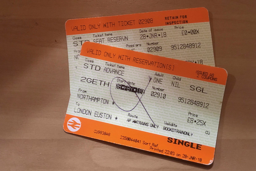 Tickets, Northampton-London Euston 
 Our outward tickets. 
 Keywords: Train tickets