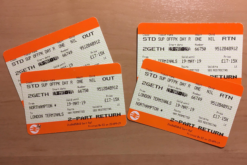 Tickets, Northampton-London Euston-Northampton 
 Our super off-peak return tickets from Northampton to Euston; not bad value. As can be seen from the clipping, the outward tickets were checked but on the return, there was no inspection for the entire journey including at the start and finish stations. 
 Keywords: Tickets Northampton-London Euston-Northampton