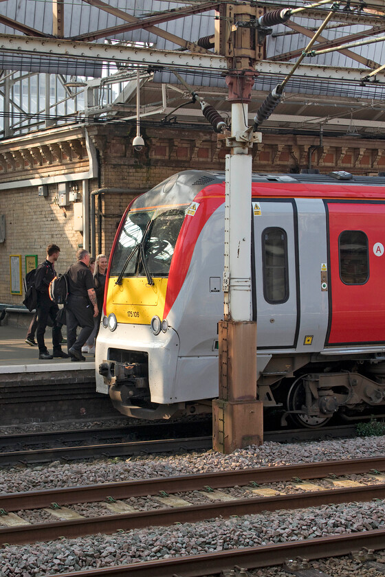 175106, AW 13.31 Manchester Piccadilly-Carmarthen (1V44, 3L), Crewe station 
 I can't help but feel that the Class 170s would never have won anything in the design awards when judging them on the front end design but they have proved to be reliable and dependable workhorses. Their time is limited now with new units undergoing testing that will see Transport for Wales transforming their long-distance services such as this one, the 13.31 Manchester to Carmarthen train. With three TfW Rail staff chatting by the front of the train at Crewe 175106 pauses just thirty miles into its long (over two hundred miles in fact) journey to southwest Wales. 
 Keywords: 175106 13.31 Manchester Piccadilly-Carmarthen 1V44 Crewe station Transport for Wales TfW Transport for Wales Rail