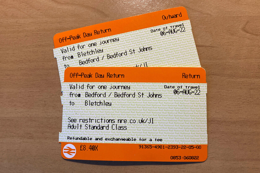 Tickets, Bletchley-Bedford-Bletchley 
 My return tickets for the journey on the Marston Vale line from Bletchley to Bedford. Andy kept his so just mine are shown here. 4.20 each way seems pretty good value but the distance is relatively short and these were off-peak tickets so it is a pretty pricy trip when all things considered! 
 Keywords: Tickets Bletchley-Bedford-Bletchley