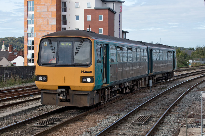 143608, AW 10.34 Radyr-Coryton (2C17, 3L), Cardiff Central station 
 With the newest members of the class 143 Pacer thirty-three years old they have outlived the first generation DMUs that they replaced. They were designed by BR to be a temporary stopgap solution to improving local services but here they are in 2019 still at large! 143608 drifts into Cardiff Central, no doubt with its wheel flanges squealing, working the 10.34 Radyr to Coryton 2C17 service. In theory, just less than three months' in service for these much-maligned trains. 
 Keywords: 143608 10.34 Radyr-Coryton 2C17 Cardiff Central station