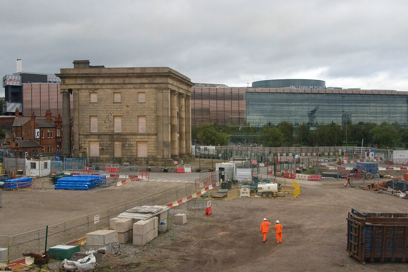 HS2 site, Birmingham Curzon Street 
 Whilst Priminister Sunak's announcement earlier this week that the second of three legs of HS2 is to be cancelled this just leaves the London to Birmingham route to be completed. Work thus continues at Birmingham Curzon Street as seen here. The 1838 Grade 1 listed station building looks to be marooned in amongst the HS2 works. It will become an integral part of the new station with a full restoration about to take place, see..... https://www.hs2.org.uk/building-hs2/stations/curzon-street/old-curzon-street-station-building/ 
 Keywords: HS2 site, Birmingham Curzon Street