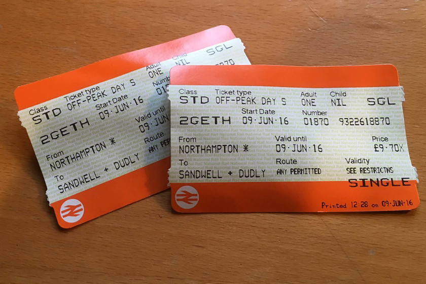 Tickets, Northampton-Sandwell & Dudley 
 Our tickets from Northampton to Sandwell and Dudley. Whilst 20 may seem a little steep for a relatively local trip, it was a walk-on fare and one with no split-ticket discount.