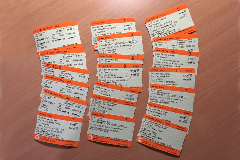 All tickets, Milton Keynes Central-Frome-Milton Keynes Central 
 For a one hundred and seventy-six-mile return journey across the country, a total of TWENTY tickets were printed! Whilst twelve were the tickets for the actual trains, the rest were seat reservations, receipts and the like. Even the revenue collection teams onboard and a stations just waved us through rather than trying to sort them. What utter madness....I can say no more! 
 Keywords: All tickets, Milton Keynes Central-Frome-Milton Keynes Central