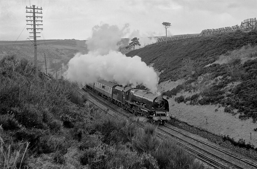 46229, outward leg of The Cumbrian Mountain Express, Carlisle-Hellifield, Dent SD764876 
 A second stop for the Cumbrian Mountain Express, this time at Grasdale for watering and the opportunity for passengers to get off the train and take their photographs gave us the opportunity to overtake the southbound charter again. We raced across the largely single-track mountain roads to Dent where we quickly exited the 1100 and walked a short way north of the station to a spot that Graham and I had visited back in August last year, see.... https://www.ontheupfast.com/p/21936chg/29532791204/x30850-lord-nelson-maunsell-850-cumbrian. This time my photograph is in monochrome and in pretty dire lighting compared to last years image of 'Lord Nelson'. 46229 'Duchess of Hamilton' is putting a pretty dramatic exhaust despite it now being largely on level track prior to its descent to Hellifield. 
 Keywords: 46229 The Cumbrian Mountain Express Carlisle-Hellifield Dent SD764876 LMS Princess Coronation Class Duchess of Hamilton