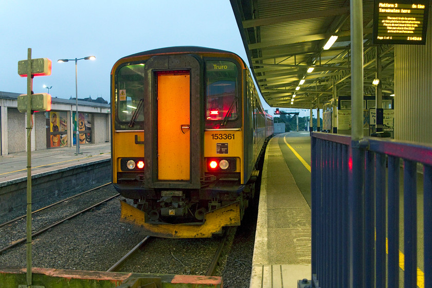 153361 & 153325, stabled, Plymouth station 
 In the virtual darkness at Plymouth station 153361 and 153325 await their next turn of duty the following morning sitting in platform three. 
 Keywords: 15336 153325 Plymouth station