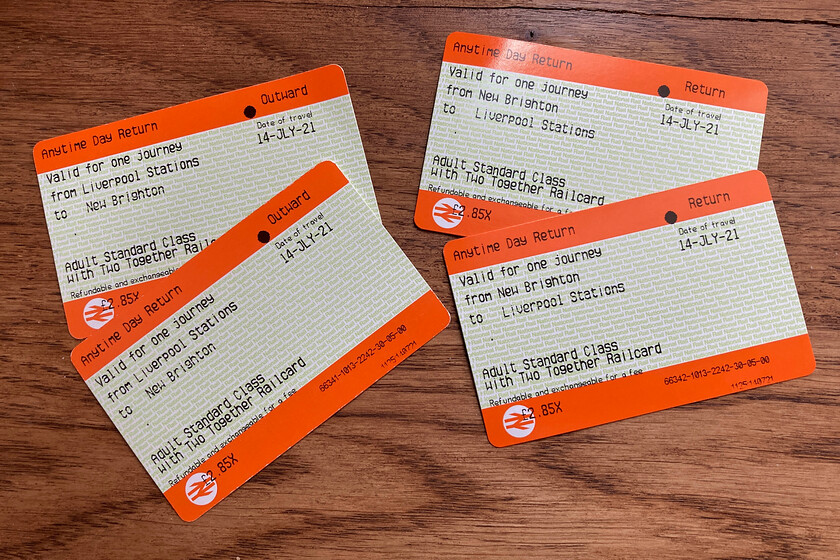 Tickets, Liverpool Central-New Brighton-Liverpool James Street 
 With our two together discount the off-peak return from Liverpool Central to New Brighton was excellent value at 2.85 each. The trains, despite their age, were clean and not at all crowded making my wife and I feel 'Covidly comfortable'. On our return journey, we alighted at Liverpool's James Street station for a short walk through the Liverpool One shopping centre to return to our hotel. 
 Keywords: Tickets Liverpool Central-New Brighton-Liverpool James Street