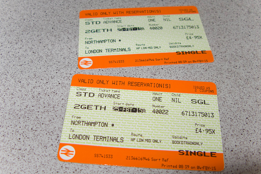 Tickets, Northampton-London Euston 
 Our outward tickets form Northampton to Euston, at under 10 this is good value and probably the cheapest way that we could make the journey. 
 Keywords: Tickets Northampton-London Euston