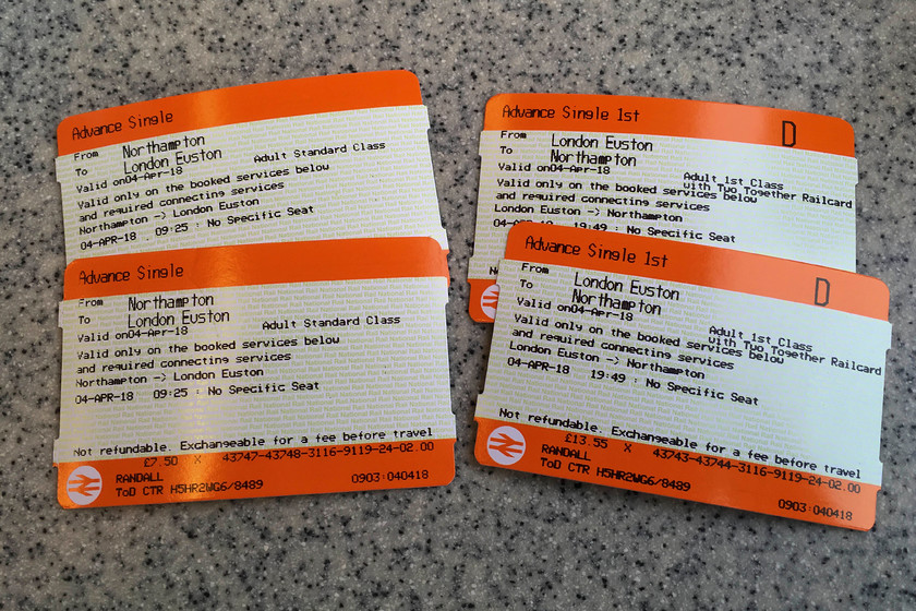 Tickets, Northampton-London Euston-Northampton (Note;1st class!) 
 Our tickets for travel on the day, ridiculous really that first class was the cheapest advanced ticket for the return journey at the time of booking!