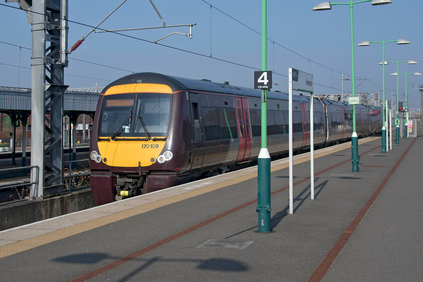 1. 170109, XC 08.52 Birmingham New Street-Leicester (1K07, 1L), Nuneaton station 
 Our first train of the day but not one that we were travelling on using the Day Ranger validity as it departed from Nuneaton before 09.30 arrives at our starting point. We travelled on 170109 working the 08.52 Birmingham to Leicester as far as its destination with Day Ranger validity commencing from Hinkley. Unfortunately, the first problem that we encountered was on this train wondering why it was not working through to Peterborough and beyond discovering that services on that route were much reduced due to engineering works with the dreaded bsutitution. This meant that our initial plan to go straight to Peterborough then dash along the ECML to Grantham had to be abandoned! 
 Keywords: 170109 08.52 Birmingham New Street-Leicester 1K07 Nuneaton station CrossCountry