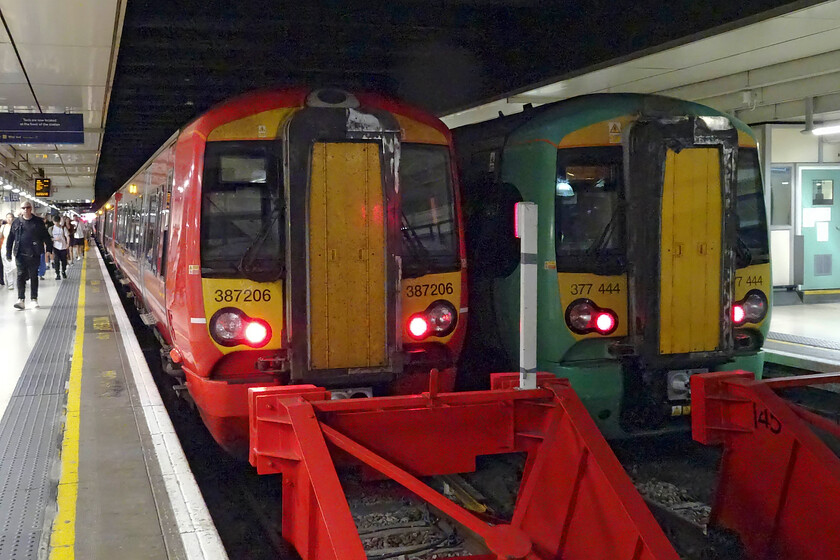 387206, GX 11.39 Brighton-London Victoria (1W25, RT) & 377444, SN 12.50 London Victoria-East Grinstead (1L32, RT), London Victoria station 
 We travelled from Brighton aboard Gatwick Express' 11.39 Brighton service worked by 387206 seen here at the buffer stops at Victoria. The travelling experience aboard the Class 387 was favourable with ice-cold air conditioning and a good ride but I await to be convinced that they are the right units for inbound and outbound Gatwick air passengers with all their luggage requirements. Southern's 377444 sits at the adjacent platform to work the 12.50 service to East Grinstead. 
 Keywords: 387206 11.39 Brighton-London Victoria 1W25 377444 12.50 London Victoria-East Grinstead London Victoria station