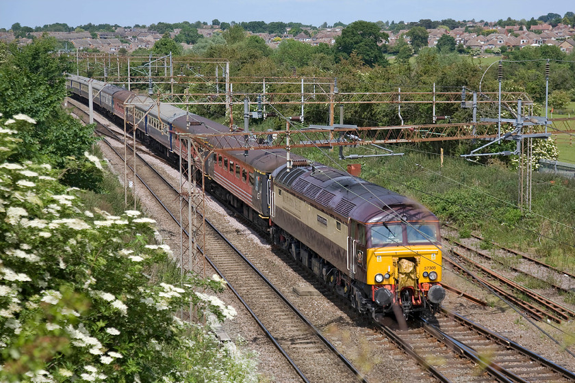 57305, up ecs 10.50 Crewe-London Euston (5Z51), Mill Lane bridge 
 I had been tracking the progress of the up Three Peaks Challenge ecs working on RTT whilst at work and escaped in their van when it was passing Long Buckby. This gave me enough time to get to Mill Road bridge in Northampton. 57307 'Northern Princess' leads the 5Z51 10.50 Crewe to Euston composed of a ragbag collection of stock some of which could have been seen at Crewe, see.... https://www.ontheupfast.com/v/photos/21936chg/28607649404/various-coaching-stock-crewe-south 
 Keywords: 57305 ecs 10.50 Crewe-London Euston 5Z51 Mill Lane bridge Northern Princess Northern Belle