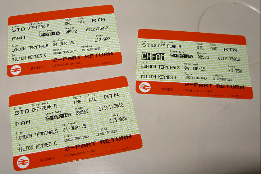 Tickets, London Euston-Milton Keynes 
 Our return tickets for the journey back to Milton Keynes from London Euston. It made a change to travel with Virgin rather than London Midland for this trip despite the return leg being undertaken in a Voyager; not my favourite train! 
 Keywords: Tickets London Euston Milton Keynes