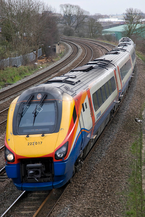 222017, EM 10.58 London St. Pancras-Sheffield (1F25), Kettering Broadway SP864771 
 Rather tightly cropped for my liking but 222017 just fits in the frame! It is seen approaching Kettering from the south with the 1F25 10.58 St. Pancras to Sheffield East Midlands Trains service. It is taken from a small former road bridge now closed to traffic and pedestrianised at the end of the town's Broadway. 
 Keywords: 222017 10.58 London St. Pancras-Sheffield 1F25 Kettering Broadway SP864771 East Midlands Train Meridian