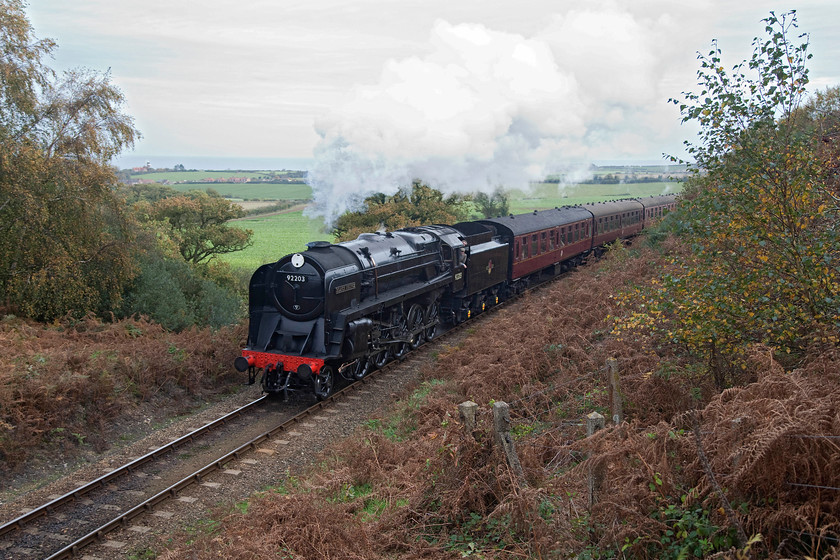 92203, 10.45 Sheringham-Holt, Kelling Bank 
 92203 'Black Prince' takes Kelling Bank with some ease leading the 10.45 Sheringham to Holt. In the distance the village of Weybourne can just be seen in the grey gloom with its lovely windmill that features in many pictures of this area. 
 Keywords: 92203 10.45 Sheringham-Holt Kelling Bank