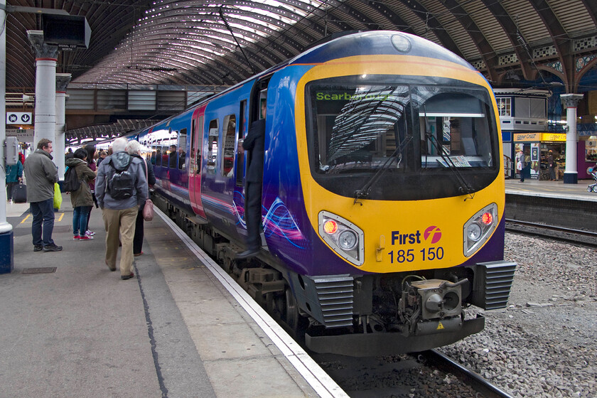 185150, TP 08.22 Liverpool Lime Street-Scarborough (1E82), York station 
 My wife, son and I took this train the relatively short distance from here at York to Malton. 185150 was working TPE's 08.22 Liverpool to Scarborough service and is seen standing at the northern end of platform five 
 Keywords: 185150 08.22 Liverpool Lime Street-Scarborough 1E82 York station TransPennine Express TPE