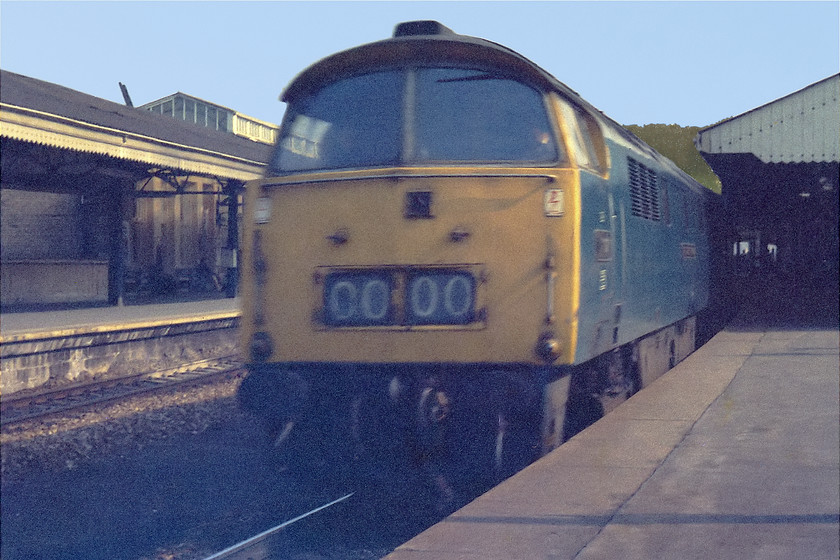 D1071, unidentified down working, Bath Spa station 
 The first train I photographed would have pleased me! D1071 'Western Renown' passes through Bath station without stopping on an unidentified down working. If anybody has gen going back this far, I would appreciate any information as to this working. D1071 had just seven months remaining in service at the time that this picture was taken and the next time that I would see it be at Swindon Works on the scrap lines, see.... https://www.ontheupfast.com/v/photos/21936chg/23615749204/my-friend-simon-yellow-jacket-stride. Notice the motion blur, the Exa camera had a maximum shutter speed of 1/150sec! 
 Keywords: D1071 Bath Spa station