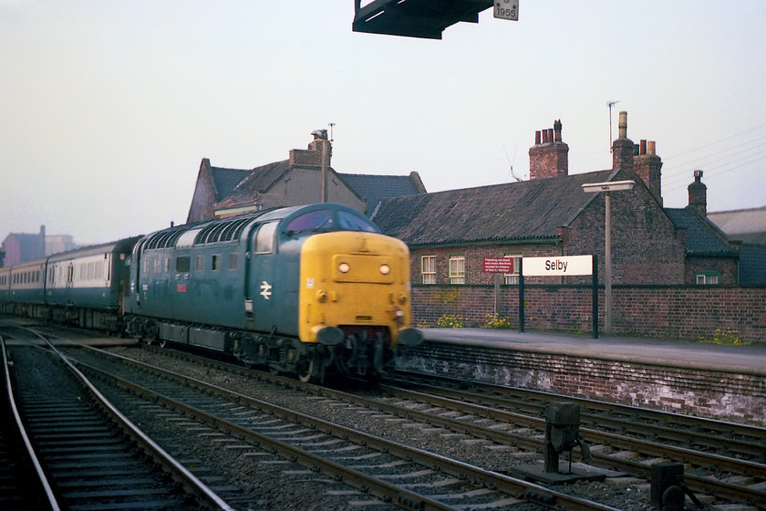 55012, 17.00 Edinburgh Waverley-London King`s Cross (1E21), Selby station 
 55012 'Crepello' brings the 1E21 17.00 Edinburgh Waverley to King's Cross through Selby station with its coaches rattling over the swing bridge. Whilst it was a shame that Selby lost its through ECML trains with the opening of the diversionary route in 1983 it did improve timings quite dramatically as the route around Selby was severely speed restricted. 
 Keywords: 55012 17.00 Edinburgh Waverley-London Kings Cross 1E21 Selby station